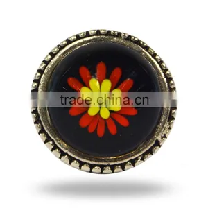 Metal Glass Round Black Knob With Red FLower thumbnail-1