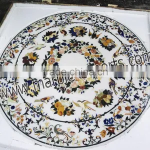 White Round Marble Stone Inlay Dinning Table Top Pietra Dura Table Top thumbnail-1