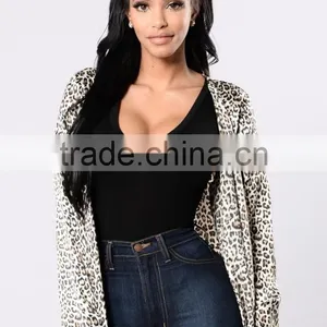 Women Polyester Spandex Blend Satin Leopard Open Front Longline Duster Coat thumbnail-5