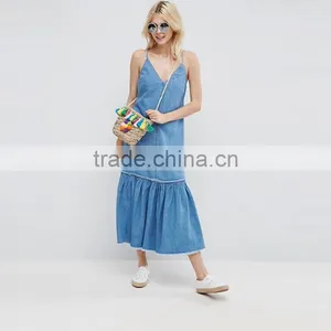 2017 Summer V Neck Cross Back Straps Maxi Long Denim Dress Woman HSD9982 thumbnail-1
