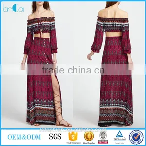 Picture of Long Skirts and Tops Vintage Print Drawstring Top With Split Skirt thumbnail-1