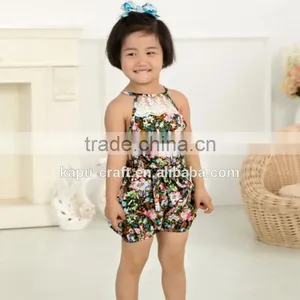 New Arrival Baby Cute Design Girls Satin Floral Lace Backless Sling Cotton Jumpsuit Romper For Kids thumbnail-1