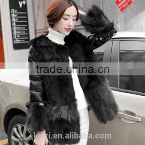 2016 Luxury Genuine Natural Fox Fur Coat Jacket Rabbit Fur Patchwork Winter Women Fur Leather Outerwear Coats Plus Size thumbnail-1