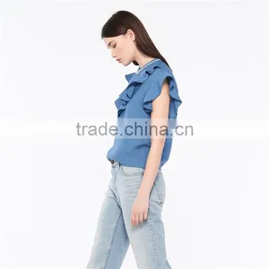 2017 OEM Slightly Ruffled Shoulders Beaded Neckline Blouse Tops thumbnail-2