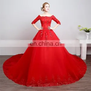 HS1608 Vintage Lace Ball Gown Train Red Wedding Dress thumbnail-5