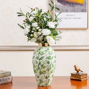 Fashion European Style Green Leaf Electroplate Gild Ceramic Flower Vase For Hallway Decor thumbnail-4