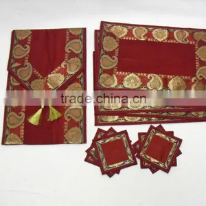 Indian Silk Table Runner With 6 Place Mats & 6 Coaster in Maroon Color Size 16*62 thumbnail-1