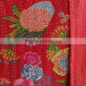 Red Tropical Queen Size Bedspread, Handmade Cotton Kantha Quilt, Reversible Designer Bedding, Room Decor, Indian Kantha Work thumbnail-1