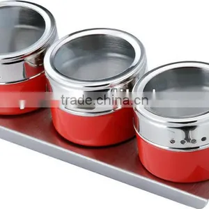 RED Powder Spraying Condiment Set,stainless Steel Spice Container,,set of 3 Pcs Glass Lid Spice Jar thumbnail-1