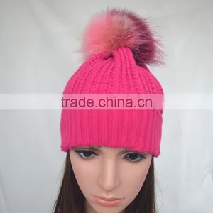 Myfur Rose Color Girls Winter Wool Hat With Removable Raccoon Fur Pom Pom thumbnail-2