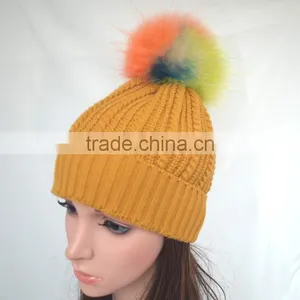 Myfur OEM Latest Women Ginger Ribbed Knitting Beanie Cap With Removable Pompom thumbnail-1