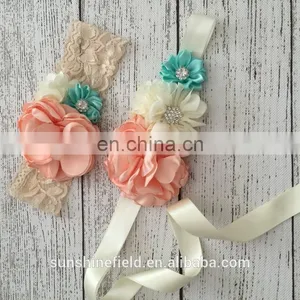 Nude Mint Sash Matching Baby Headband Vintage Inspired Flower Sash Queenbaby Headband Luxe Sash thumbnail-3