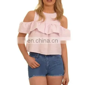 2017 Summer Style Pink Cold Shoulder Frill Top thumbnail-1