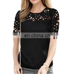 Women Hollow Out Patchwork Lace Blouse Blouse Base Lady Short Sleeve Shirts Hook Flower Blouses Plus Size Tops thumbnail-1