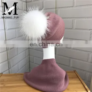 Women Cashmere Knitted Collar Raccoon Fur Pompom Hat Wholesale Hat and Scarf Sets thumbnail-6