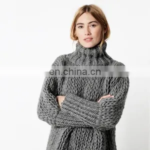 Women Woolen Handmade Kintted Pullover Oversized Chunky Turtleneck Sweater thumbnail-1