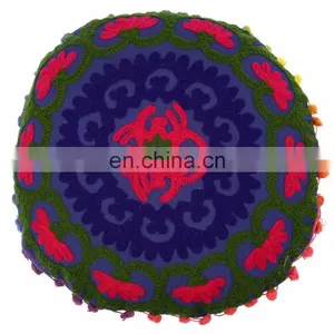Suzani Pillow With Pom Pom Lace Embroidered Outdoor Pillow Cover Cushions thumbnail-1