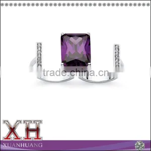 Silvertone Emerald-cut Amethyst Cubic Zirconia and Crystal Double Ring thumbnail-1