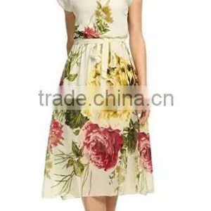 Women's Short Sleeve Crewneck Chiffon Floral Printed Midi Party Dress thumbnail-1