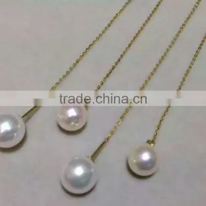 AAA 8.5-9mm White Color Akoya Pearl With 14k Yellow Gold Chain Necklace thumbnail-3
