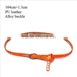 Fashion Rhinestone Decorated Pin Buckle Sex Girl Thin Orange PU Waist Belt thumbnail-1