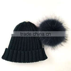 Myfur Adult Knitting Hat With Match Color Raccoon Fur Pom Poms in Navy thumbnail-2