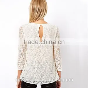 Elegant White Basic Woman Blouse Fashion Sheer Crochet Lace Blouse 2015 thumbnail-3