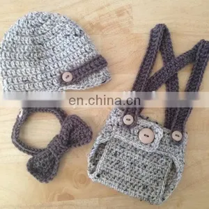 Crochet 3 Pcs Set Newsboy Hat Diaper Cover Set /Suspenders and Bow Tie in Oatmeal & Taupe, Photography Prop for Newborn Baby thumbnail-1