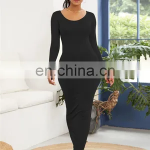 2020 Wholesale Casual Cotton Fall Winter Solid Color Pencil Maxi Dress Long Sleeve Bodycon Dresses Women thumbnail-5