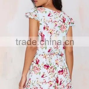 Light Blue Colorful Floral Print Romper Tie Closure At Neck Above Cutout & Ruffled Detailing At Hem And Sleeves thumbnail-4