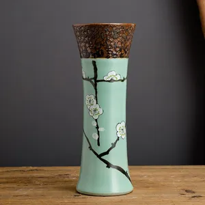 Green Chinese Style Hand Made Paint Large Three-Piece Ceramic Vase For Home Table Decor thumbnail-2