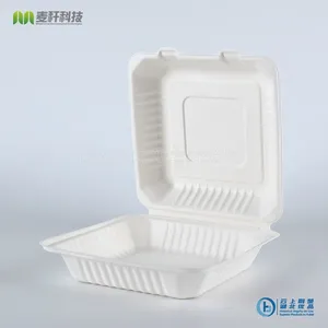 PFAS FREE Disposable Biodegradable 9*9 Take Away Sugarcane Bagasse Clamshell Container thumbnail-3