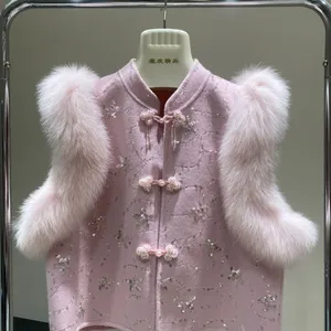 New Fox Fur Vest, Double-sided Wool Tweed Coat, Heavy Industry Vest, Chinese-style Button-down Short and Elegant Coat thumbnail-3