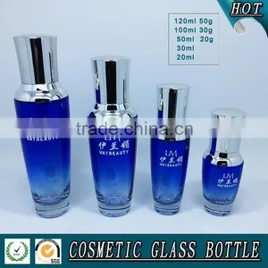 Cosmetics Packaging Bule Colored Glass Pump Bottle and Glass Cosmetic Jar thumbnail-2