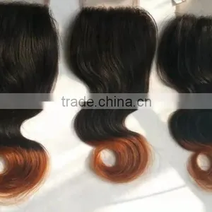 Brazilian Hair 2T Ombre Color #1b/#30 Medium Auburn Free Part Body Wave 4x4 Lace Closure Two Tone Top Closures Cheap Hair Pieces thumbnail-3