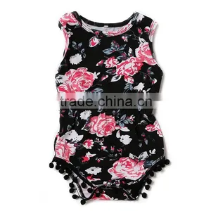 Newborn Baby Girls Cotton Clothing Black Printing Flower Baby Rompers Boutique Rompers for Toddler thumbnail-1