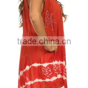 Sequin Embroidered Batik Relaxed Fit Sleeveless V-Neck Top - Burnt Orange - OS thumbnail-3