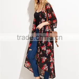 Custom Flower Print Women Soft Comfortable Beachwear Outwear Black Floral Longline Chiffon Kimono thumbnail-4
