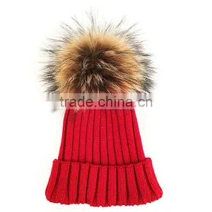 Myfur Wholesale Red Color Real Raccoon Fur Pompom Knit Hat Detachable Fur Pom Pom Crochet Hat thumbnail-1