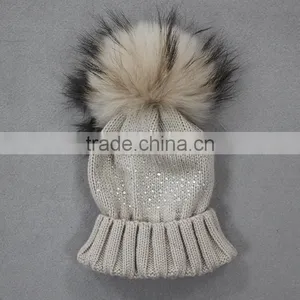 Myfur Latest Design Beige Color Turn Up Beanie With Stone Decoration Real Raccoon Fur Pom Pom thumbnail-1