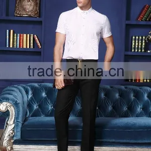 Mens Tailor Dress Shirts Banded Collar Shirts Poly Cotton Shirt for Men thumbnail-3