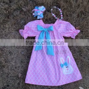 2015 New Baby Girls Pink Quatrefoil Bunny Easter Dress With Necklace and Headband Set thumbnail-1