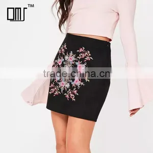 Side Zipped Embroidered Black Suede Stretchy Tight Mini Pencil Skirt thumbnail-2
