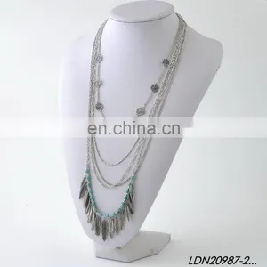 Bohemian Layered Turquoise and Leaves Pendant Necklace Fashion Gold Necklce and Silver Necklaces thumbnail-5