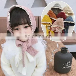 Autumn and Winter New Girls Long Scarf Cute Twist Knitted Lace Children's Hairband Warm Wool Hat thumbnail-1