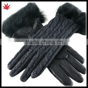 Lady's Fashion Knitting Splicing Black Leather Gloves With Fur thumbnail-1