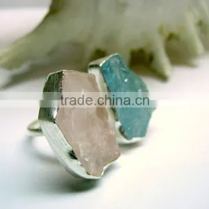 Aquamarine & Rose Quartz Rough Natural Gemstone Ring, 925 Solid Sterling Silver Ring, Designer Raw Bowl Shaped Ring thumbnail-2