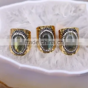 Natural Labradorite Stone Ring, Metal Gold Plated Ring, Pave Setting Crystal Jewelry Finger Gold Plated Druzy Ring thumbnail-1