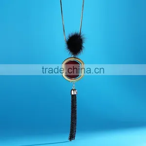 Red Bead Gold Hoop Pendant Long Chain Necklace Black Chain Tassel Necklace Pompon Necklace thumbnail-1