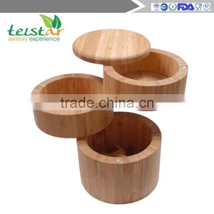 Bamboo 3-Tiered Seasoning Spice Salt Storage Box With Removable Rotating Magnetic Lid thumbnail-2